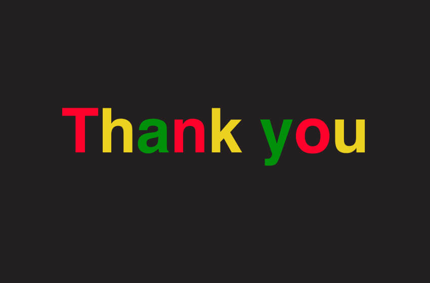 Banner reading Thank You in red, green and yellow lettering