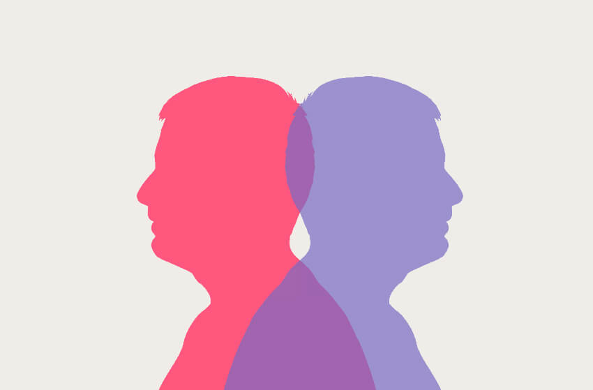 Image of 2 silhouettes of a person facing different directions, one in pink and one in blue
