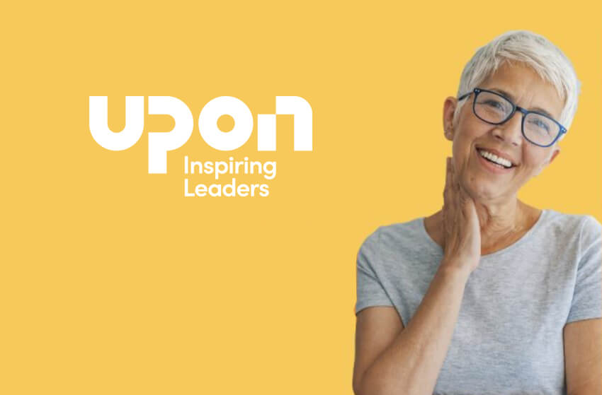 Image of a woman smiling that reads UPON Inspiring Leaders