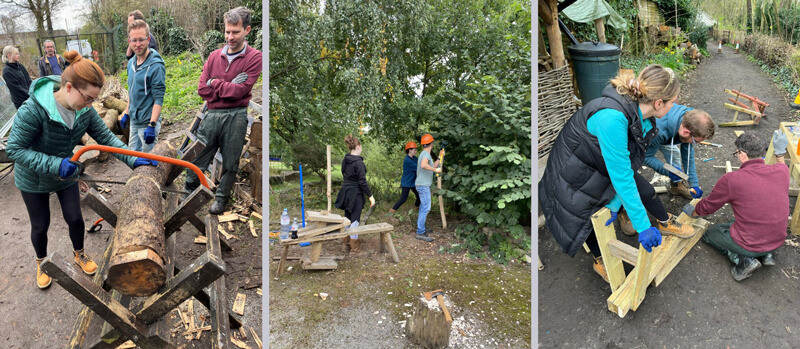 Three photos of GatenbySanderson employees participating in woodland volunteering. First image is of someone sawing a log of wood as colleagues look on. The second sees three colleagues building a fence and the final is of three colleagyes hammering a piece of wood in a vice outside on a muddy path