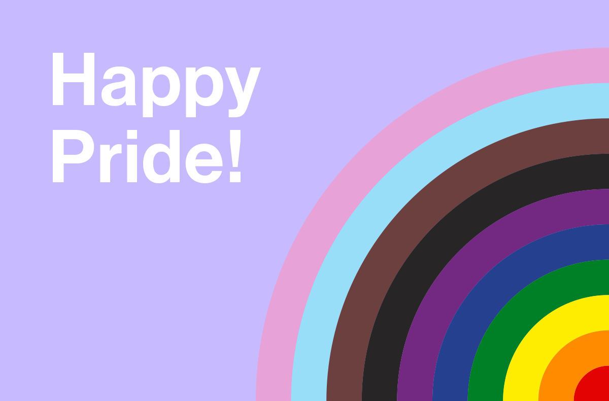 Purple background with the Progress Pride flag colours depicted in a rainbow in the bottom right corner. Text reads Happy Pride!