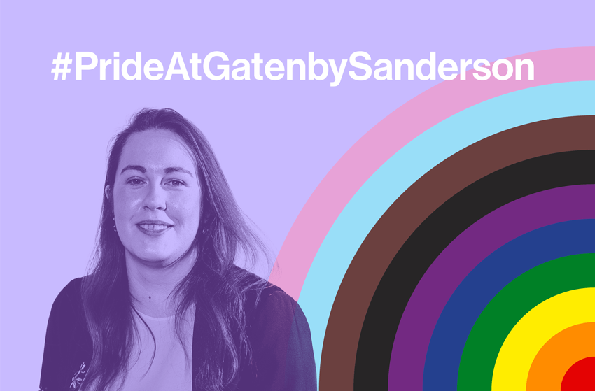 Photo of person on a lilac background with the progress pride flag emblem in the corner. The text reads #PrideAtGatenbySanderson