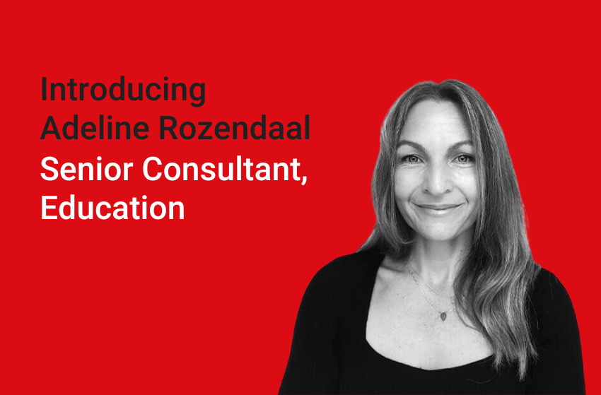 Head and shoulders photos of Adeline Rozendaal on red background with text reading Introducing Adeline Rozendaal, Senior Consultant, Education