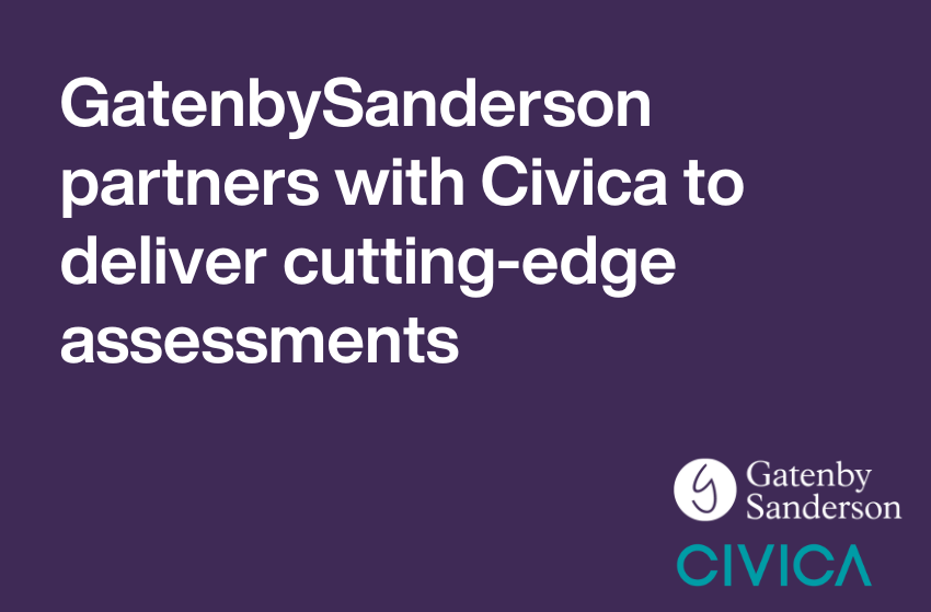 Blue background, white text which reads GatenbySanderson partners with Civica to deliver cutting-edge assessments