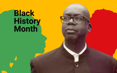 GatenbySanderson thumbnail of Patrick Vernon OBE on Yellow Background with Red and Green silhouettes with the words Black History Month in black.